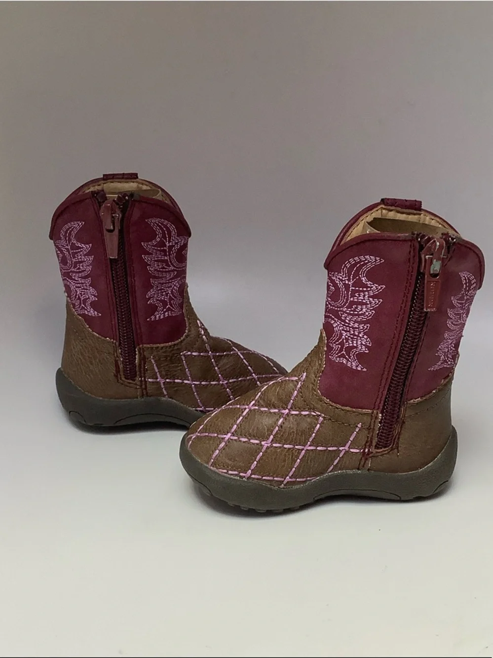 Roper Cowbabies Brown Burgundy Western-Style Boots Pink Stitching Baby Size 3